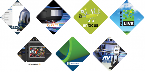 Esko®, Xrite®, Enfocus®, Pantone®, Ultimate®, Caldera®, AV Flexologic®, and Tech Sleeves®
