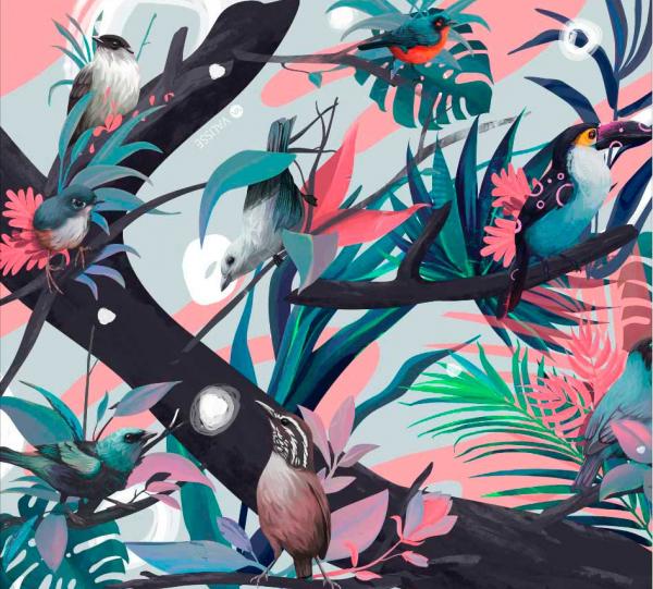 Tropical Birds Pink Nude Silk Scarf Image